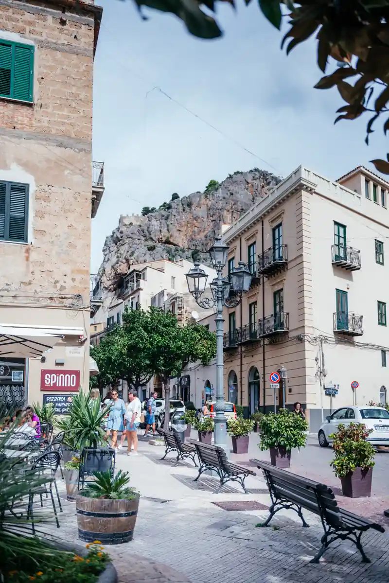 A fountain and square in Cefalù's old town near the cathedral