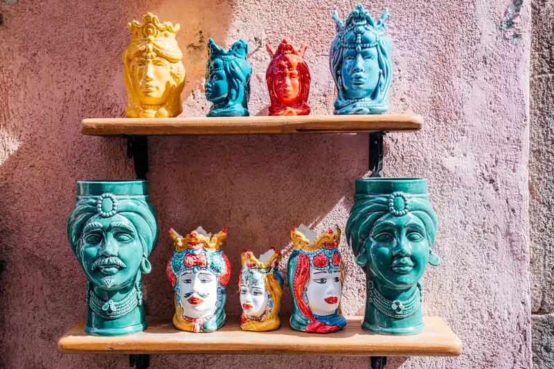 Sicilian teste di moro ceramic heads in a Cefalù shop