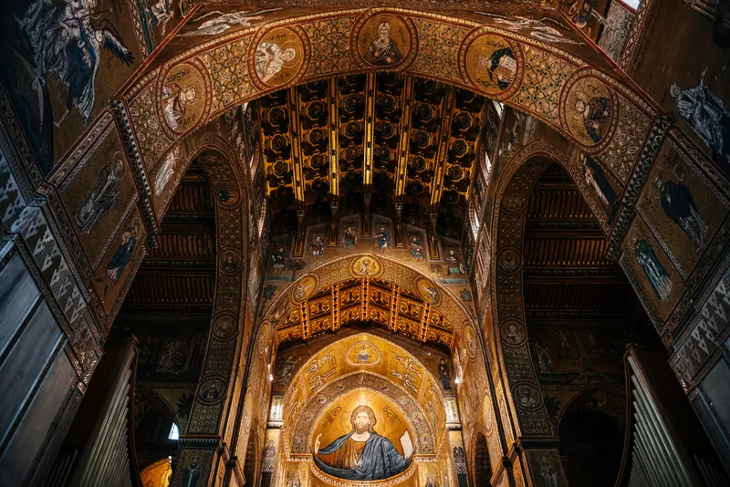 The gold mosaic apse of Monreale Cathedral with its huge Christ Pantocrator